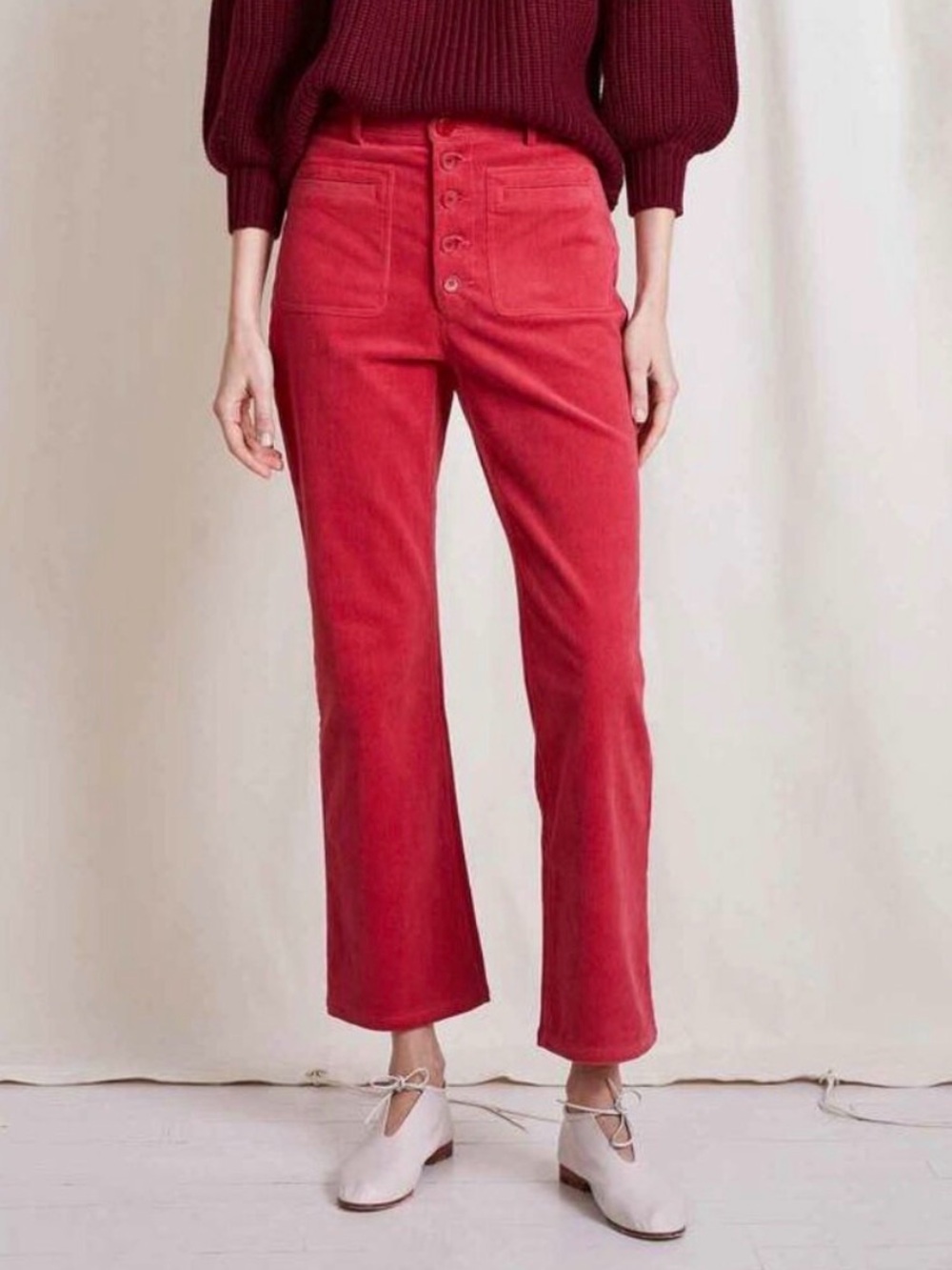 Apiece Apart Slim Marston Corduroy Pants Pink Kick boot Crop Button Fly Sz 8